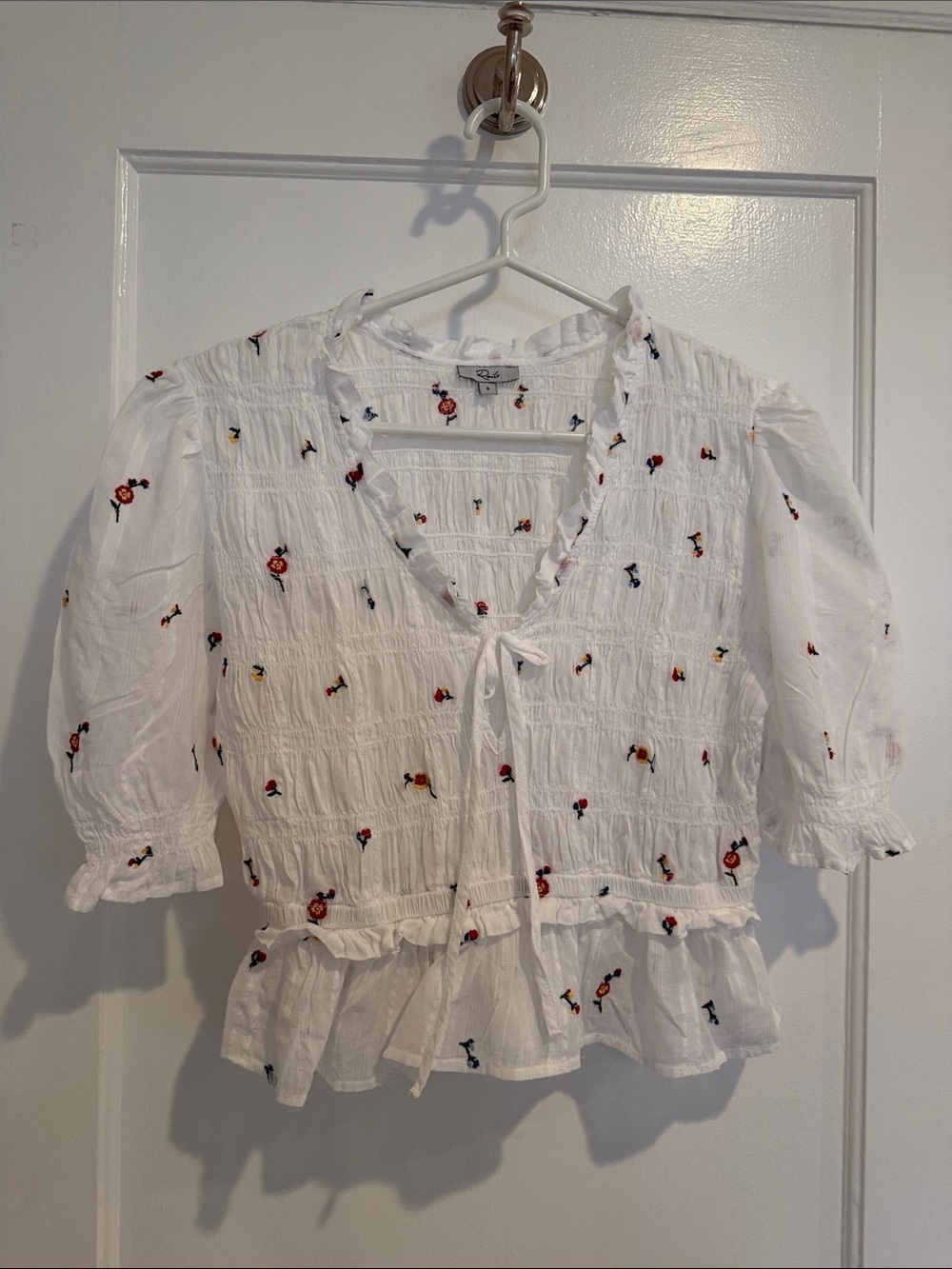 Rails Ruffle Tie-Front Smocked Blouse - White with Floral Embroidery
